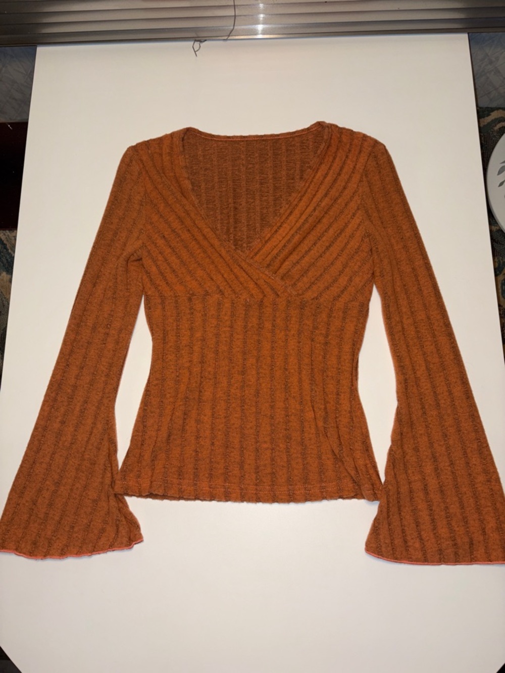 Rust Ribbed V-Neck Long Sleeve Sweater